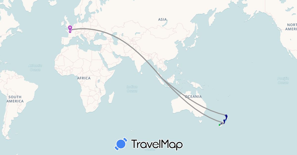 TravelMap itinerary: driving, bus, plane, train, boat in France, New Zealand, Singapore (Asia, Europe, Oceania)